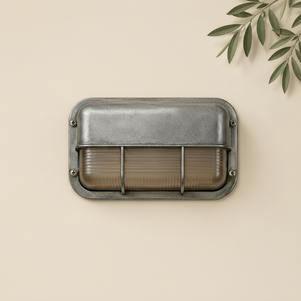 Outdoor wall light fixture with dimensions and features on a beige background