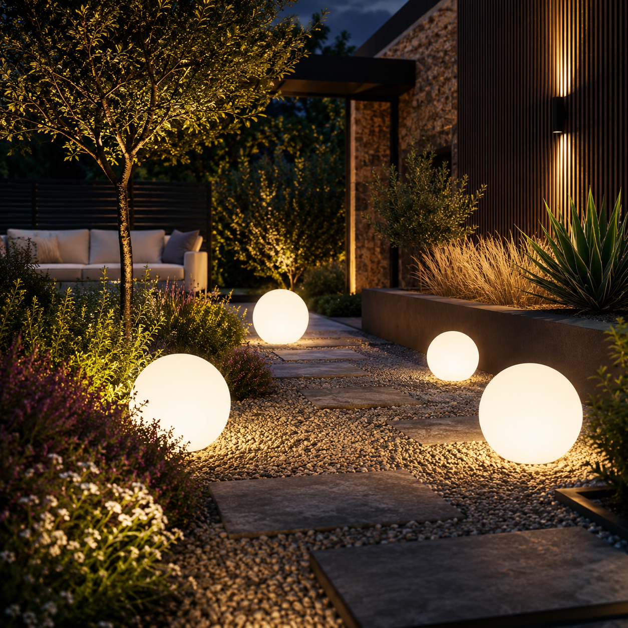 Glowing spherical outdoor lights on a stone pathway with a modern house in the background.