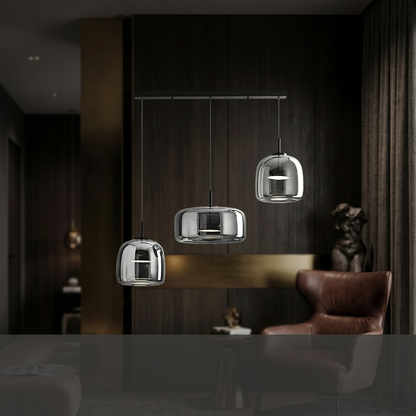 Measurement chart of pendant lights with dimensions and specifications in a room setting.