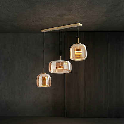 Pendant light fixture with dimensions and specifications on a dark background