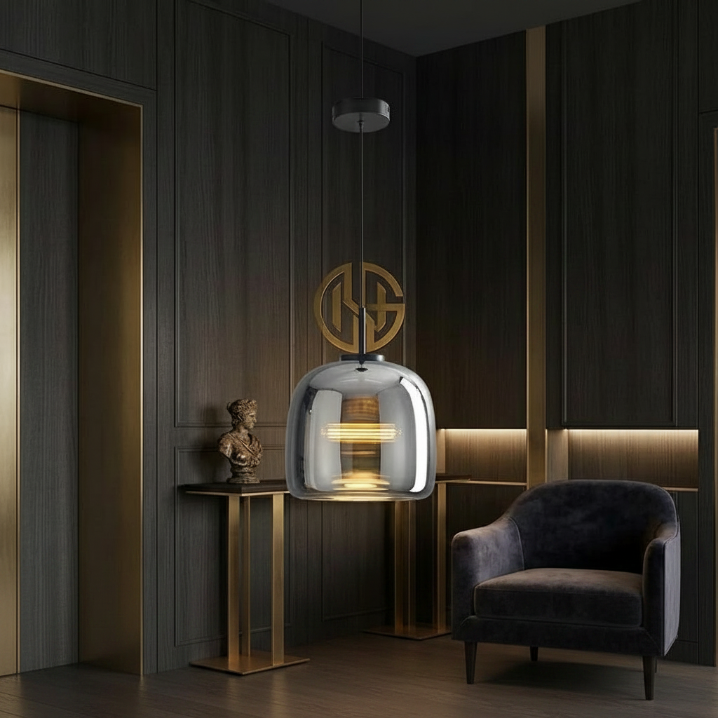 Decorative pendant light with measurements and product details on a dark wall background