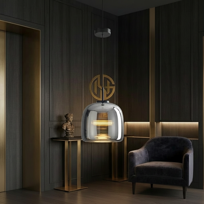 Decorative pendant light with measurements and product details on a dark wall background