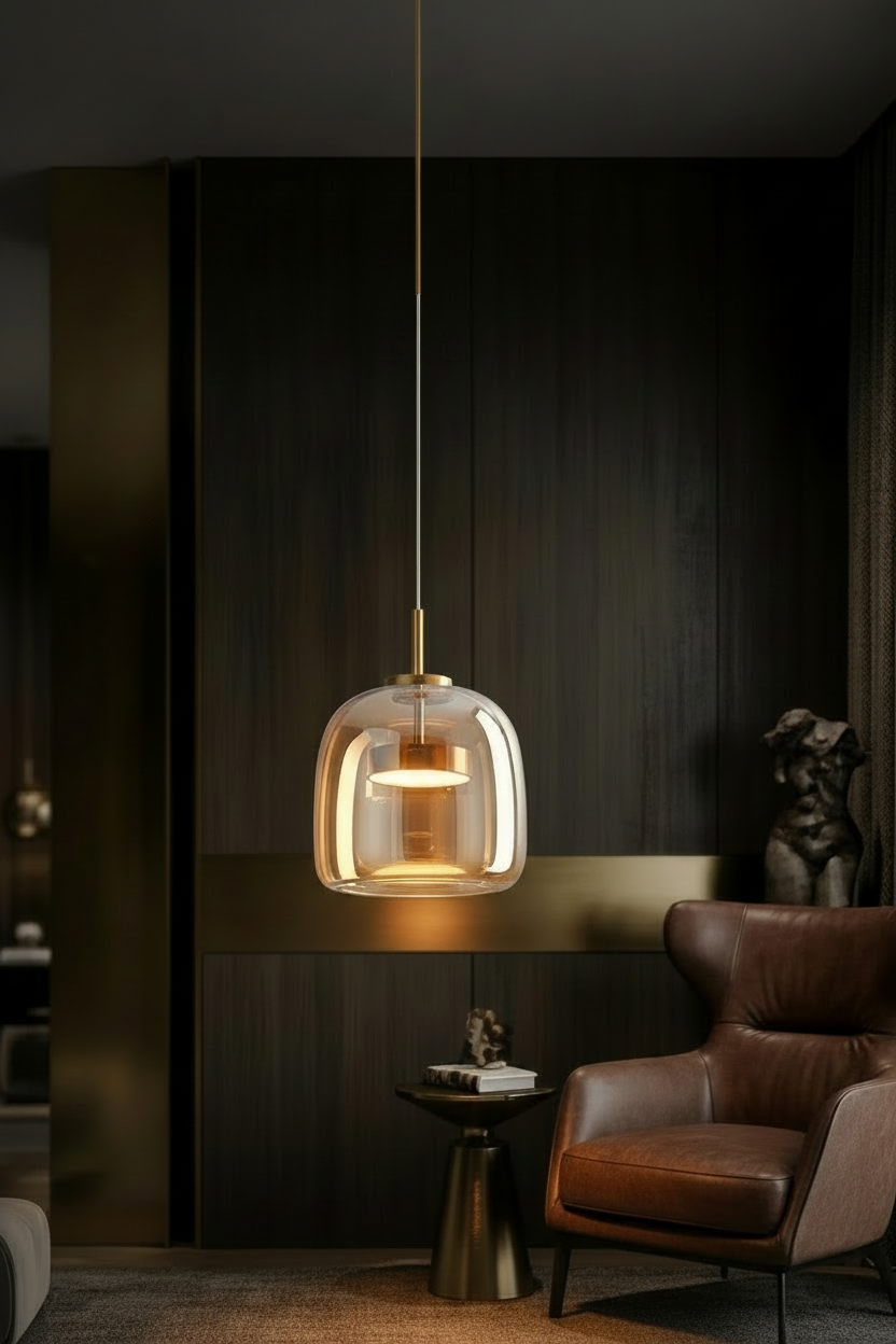 Pendant light with dimensions and specifications displayed on a dark background