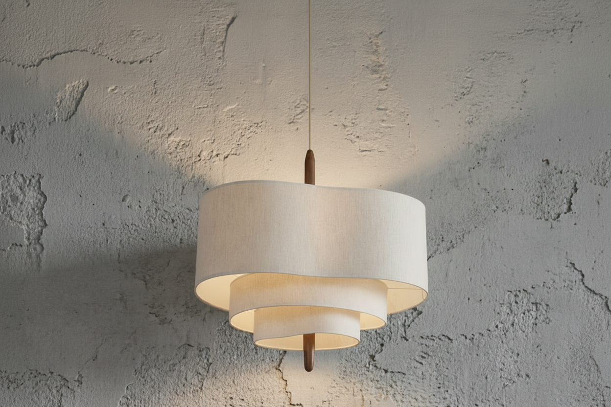 Ceiling light fixture with fabric shade and iron accents on a textured wall.