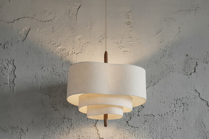 Ceiling light fixture with fabric shade and iron accents on a textured wall.
