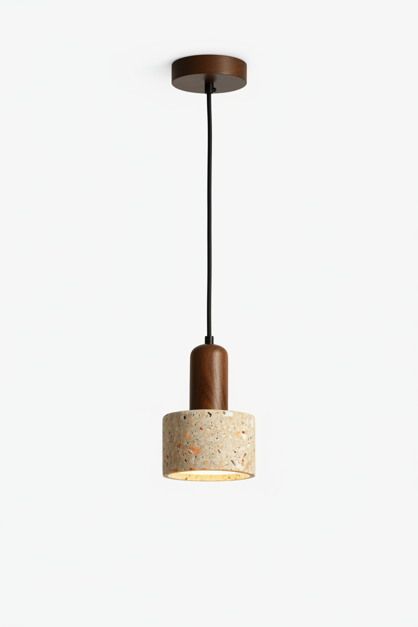 Pendant light with wooden and concrete design, measurements indicated, against a neutral background.