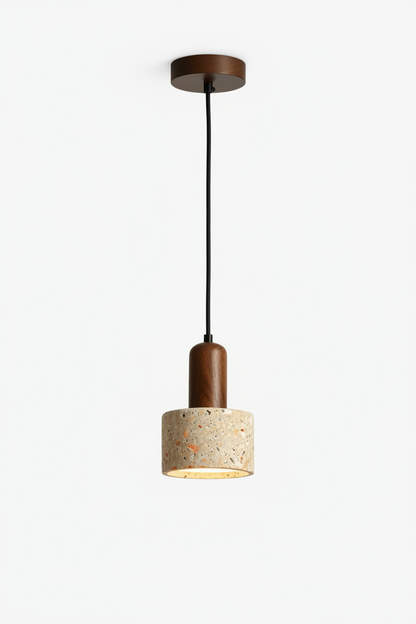 Pendant light with wooden and concrete design, measurements indicated, against a neutral background.