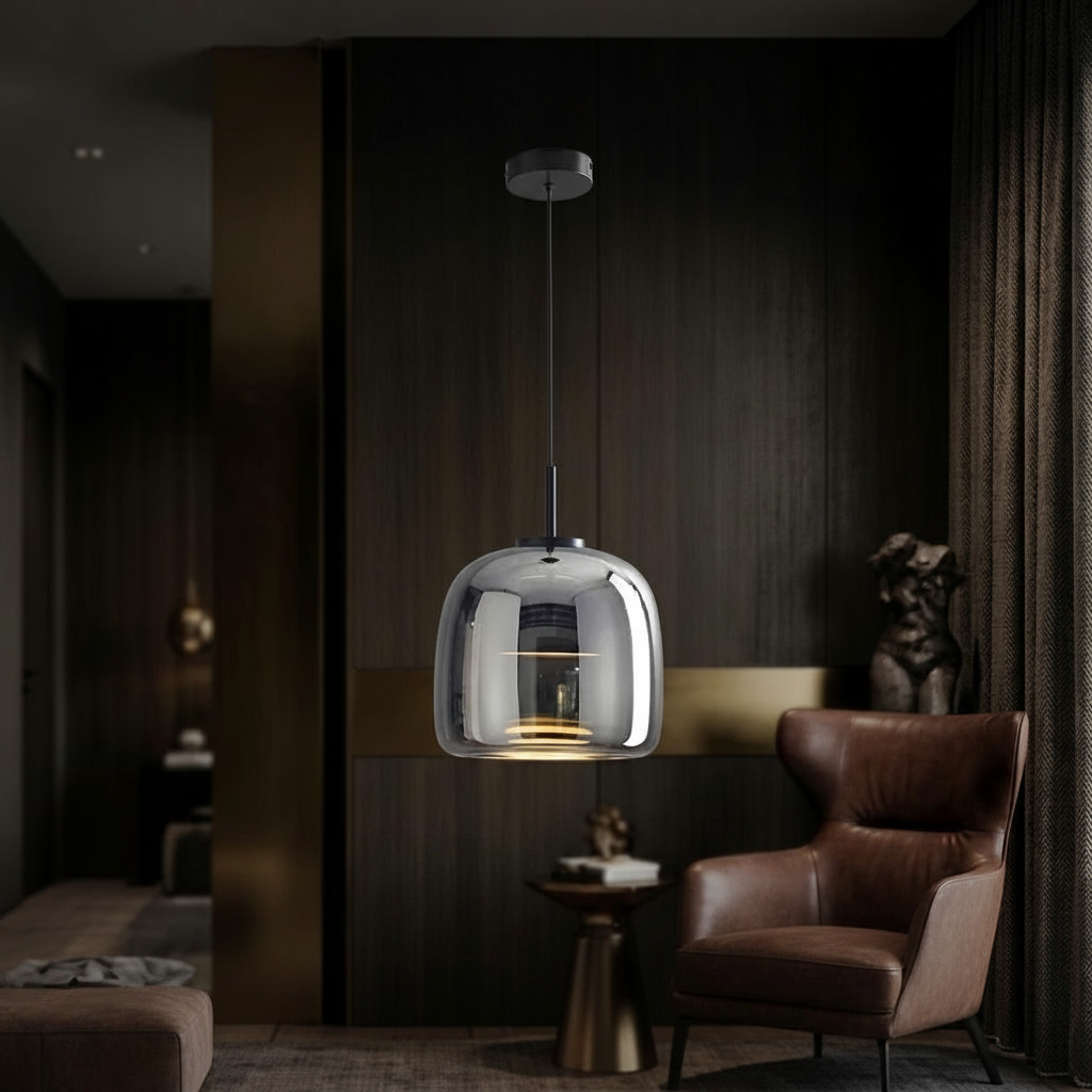 Glass pendant light with dimensions and specifications displayed in a room setting.