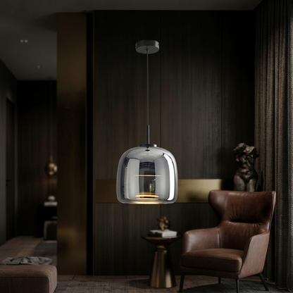 Glass pendant light with dimensions and specifications displayed in a room setting.