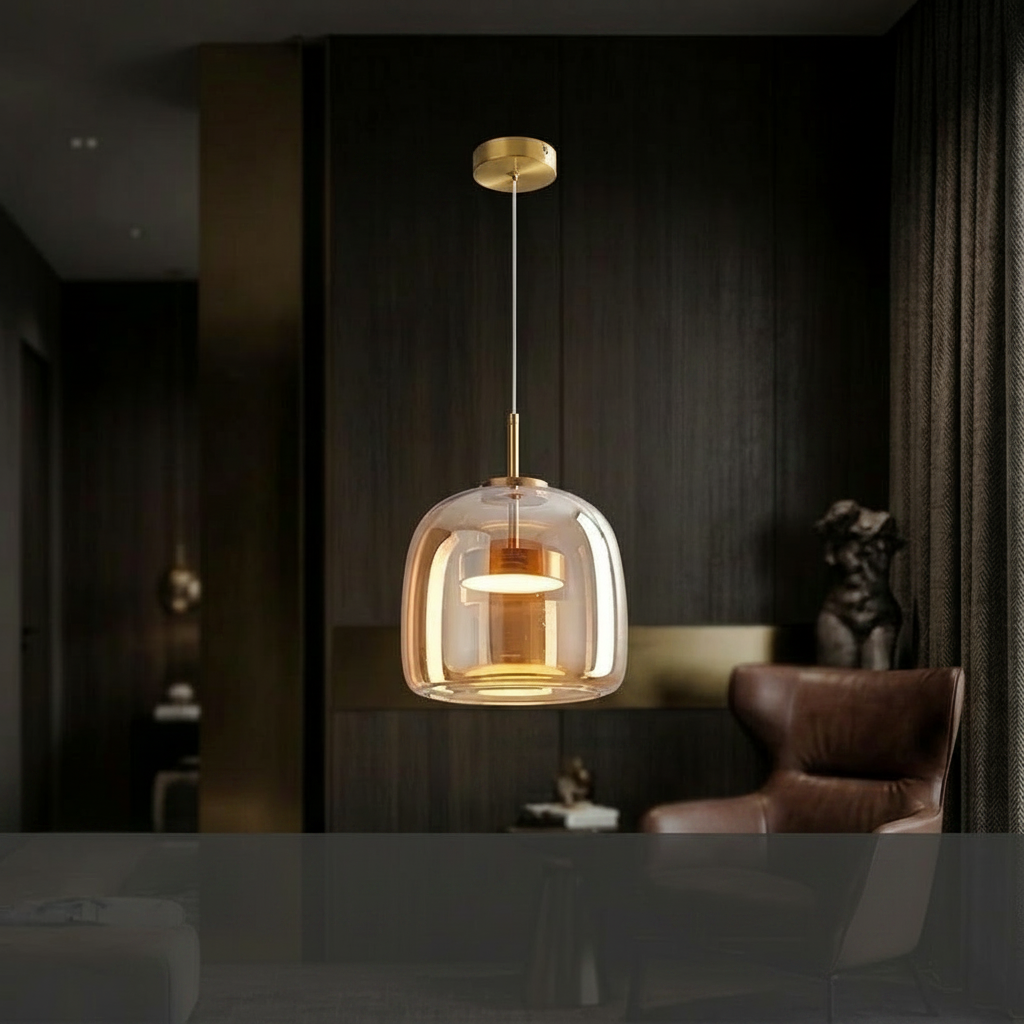 Pendant light with dimensions and specifications displayed in a room setting.