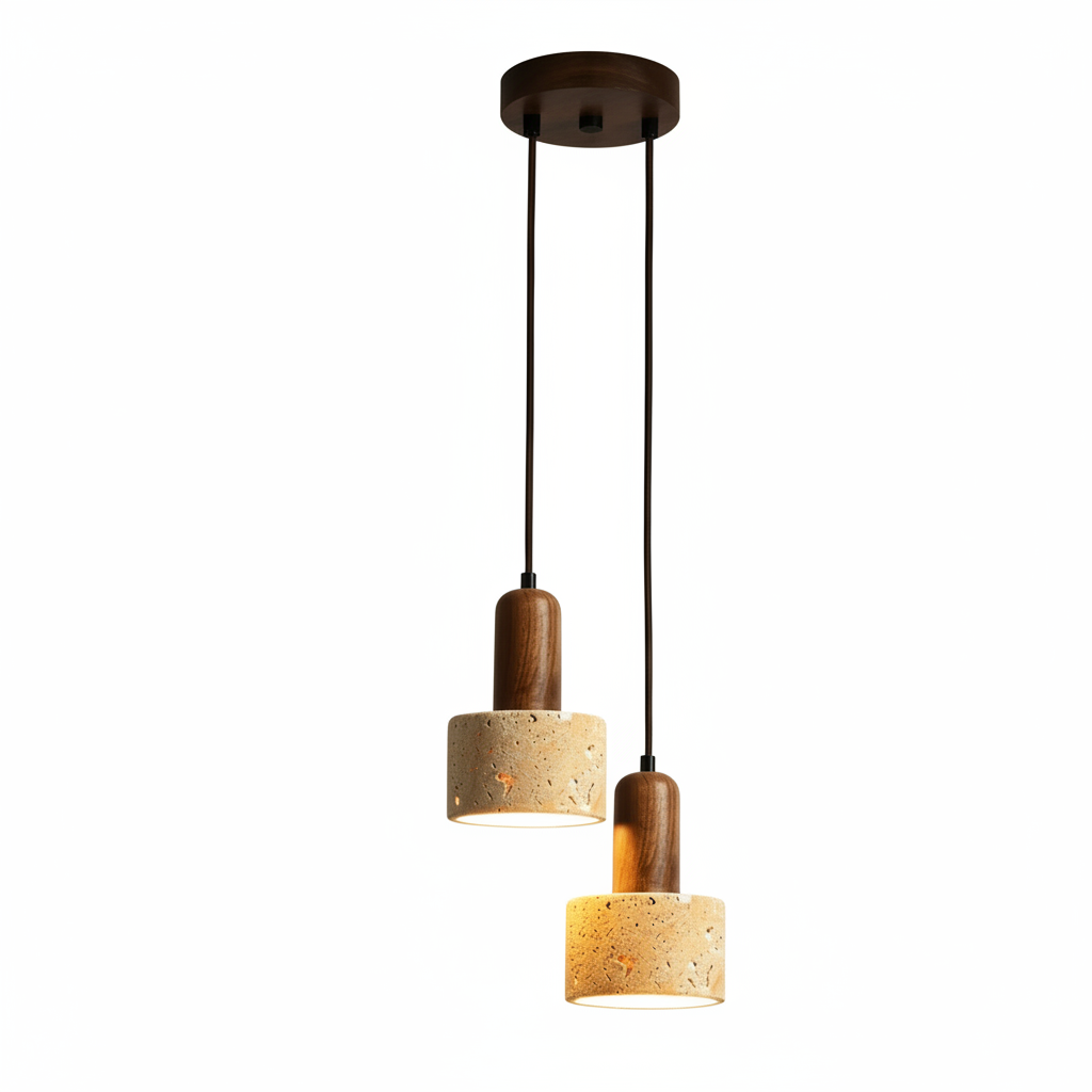 Two-headed pendant light fixture in a rustic kitchen setting with shelves and decorative items.