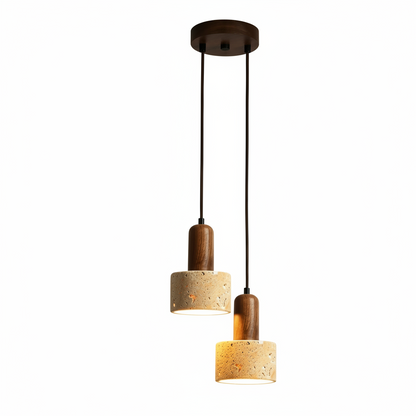 Two-headed pendant light fixture in a rustic kitchen setting with shelves and decorative items.
