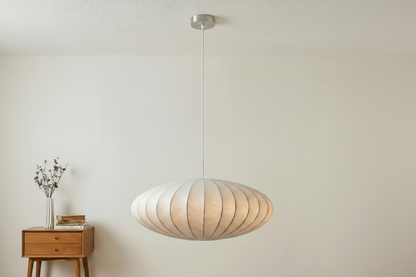 Pendant light with dimensions and technical specifications on a neutral background