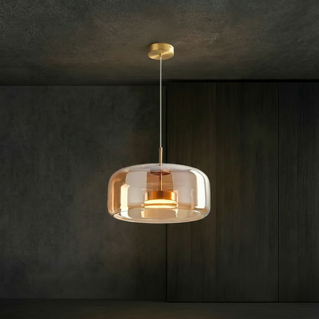 Pendant light with measurements on a dark background