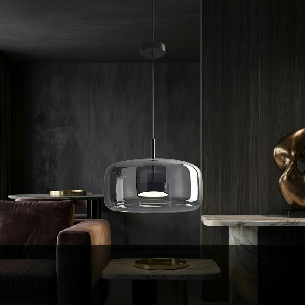Pendant light with measurements and product details on a dark background