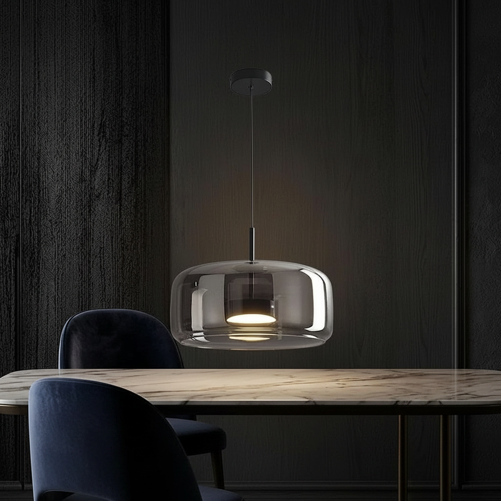 Glass pendant light with dimensions and specifications on a dark background