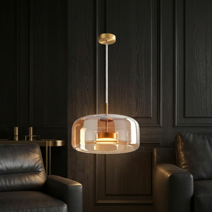 Pendant light with dimensions and specifications on a dark wall background