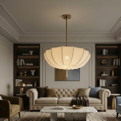 Chandelier in a living room with product specifications overlay