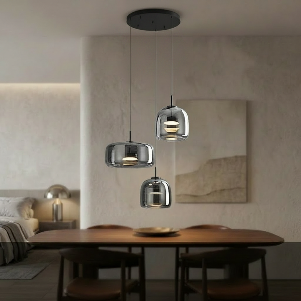 Modern pendant light with dimensions and specifications displayed in a room setting.