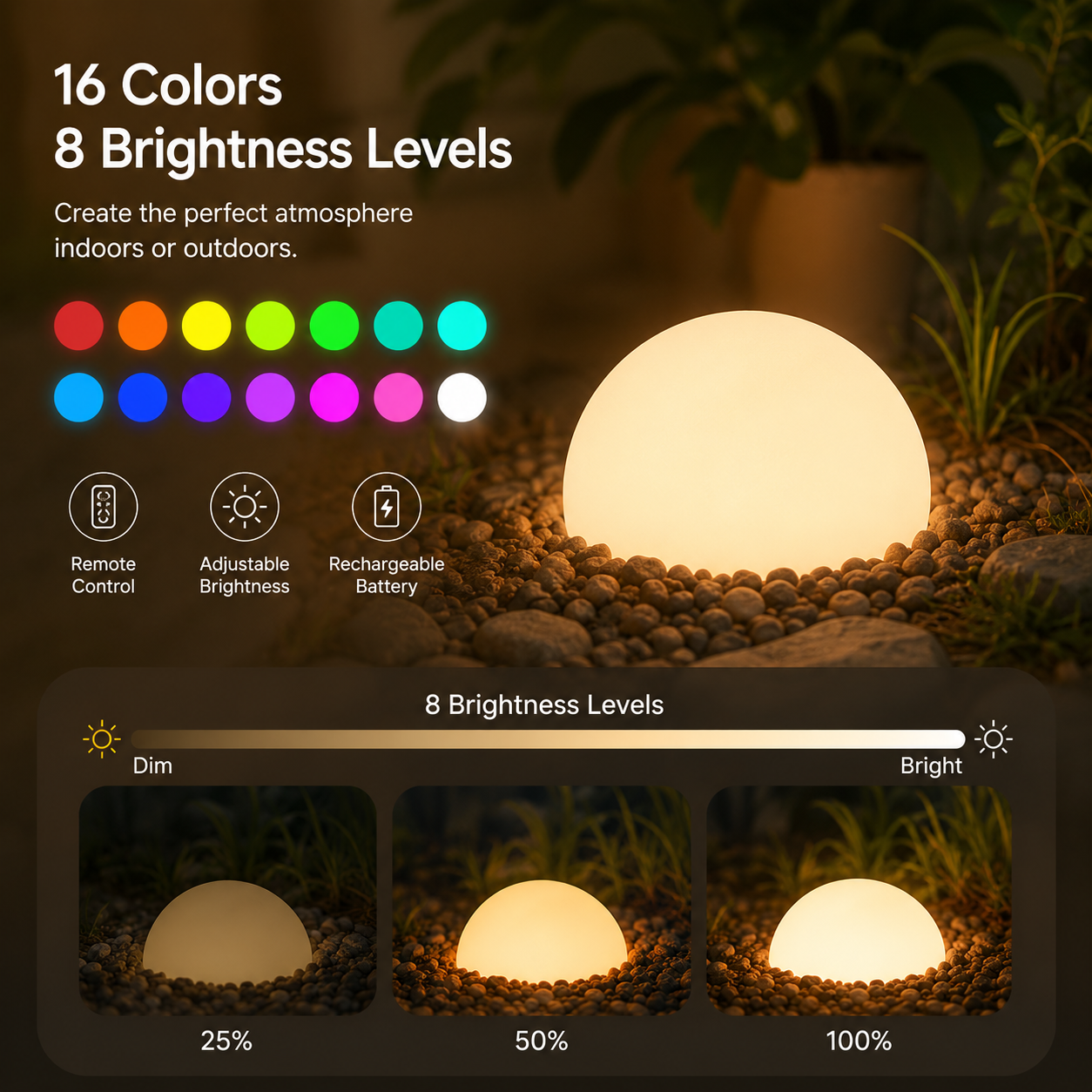 Lighting fixture with color options and brightness levels displayed outdoors.