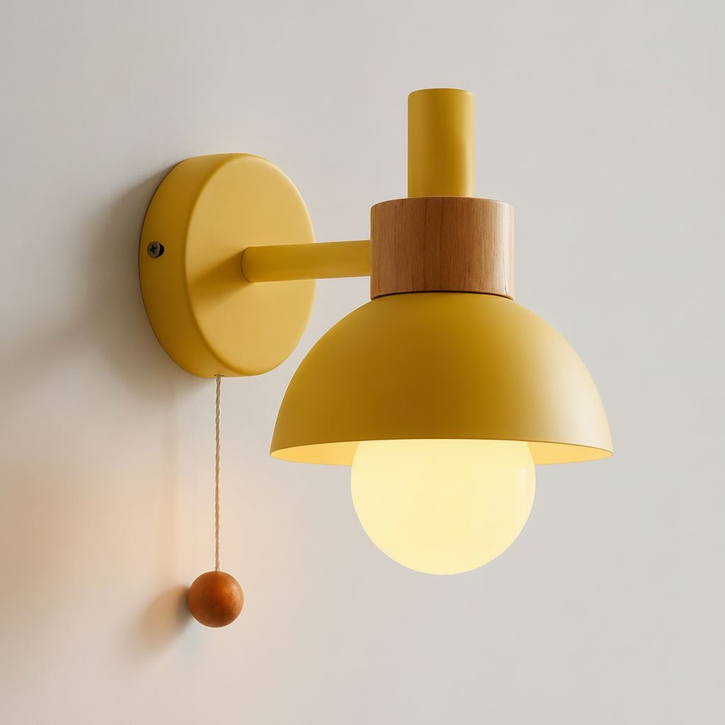 Yellow wall lamp with wooden accents and measurements on a light gray background