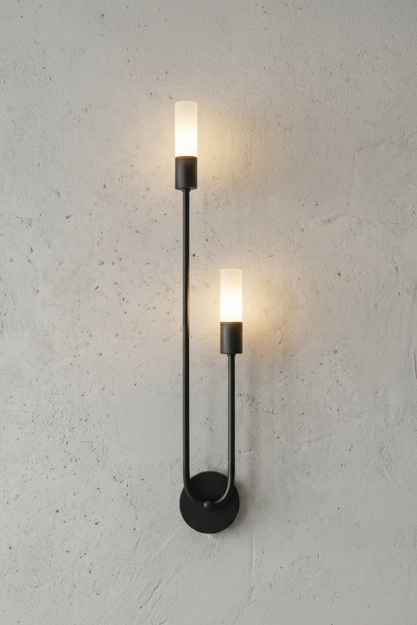 Black wall sconce with two lights on a gray concrete wall