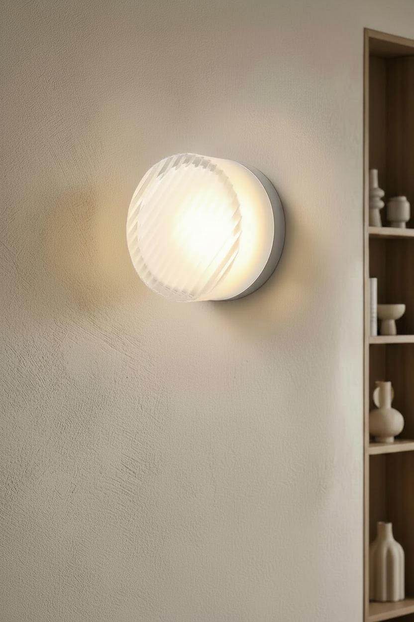 Wall-mounted light fixture with dimensions and specifications on a neutral wall.