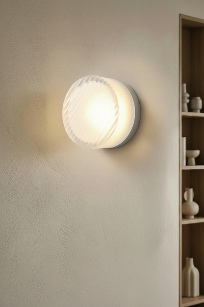 Wall-mounted light fixture with dimensions and specifications on a neutral wall.