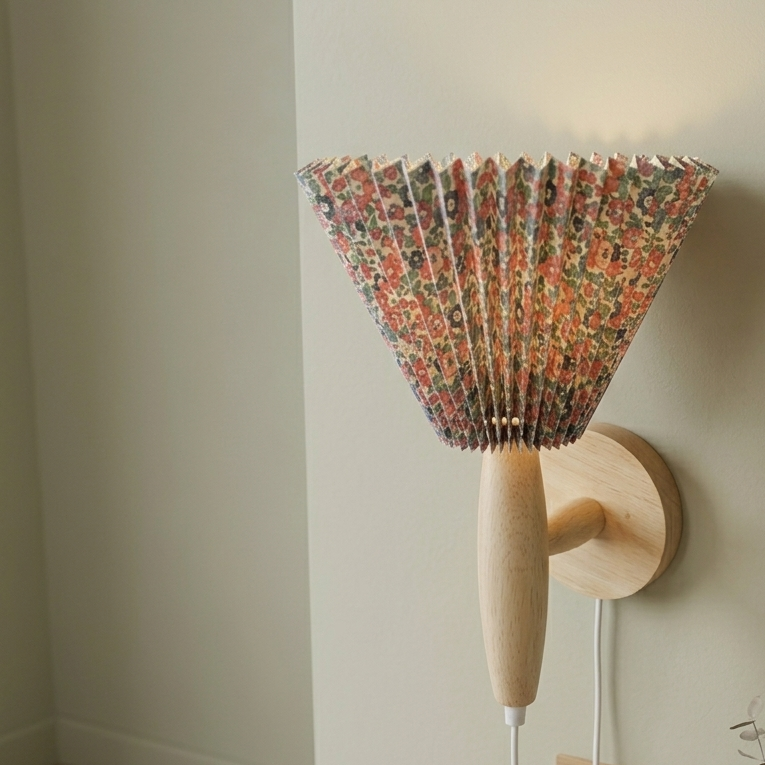 Elegant Nordic Wall Sconce | Wood Lamp with Pleated Shade | Cozy Lighting for Intimate Spaces