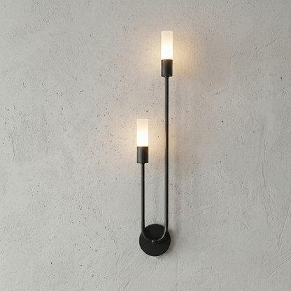 Wall-mounted lamp with dimensions on a gray concrete wall