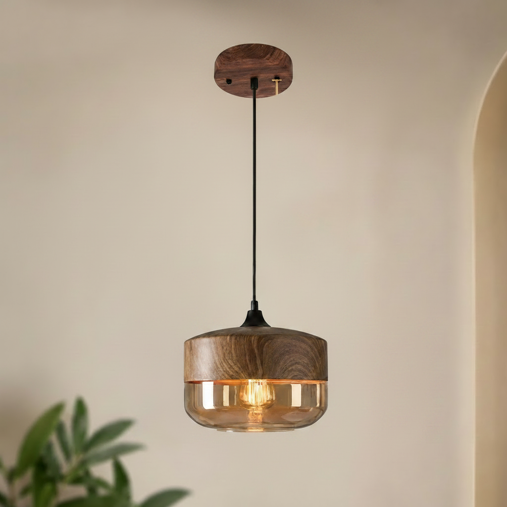 Nordic | Glass Pendant Light with Wooden Accents | Modern Illumination for Any Room 0