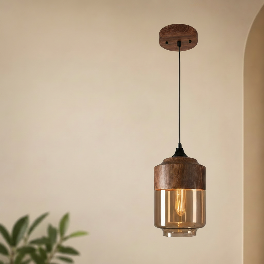 Nordic | Glass Pendant Light with Wooden Accents | Modern Illumination for Any Room 7