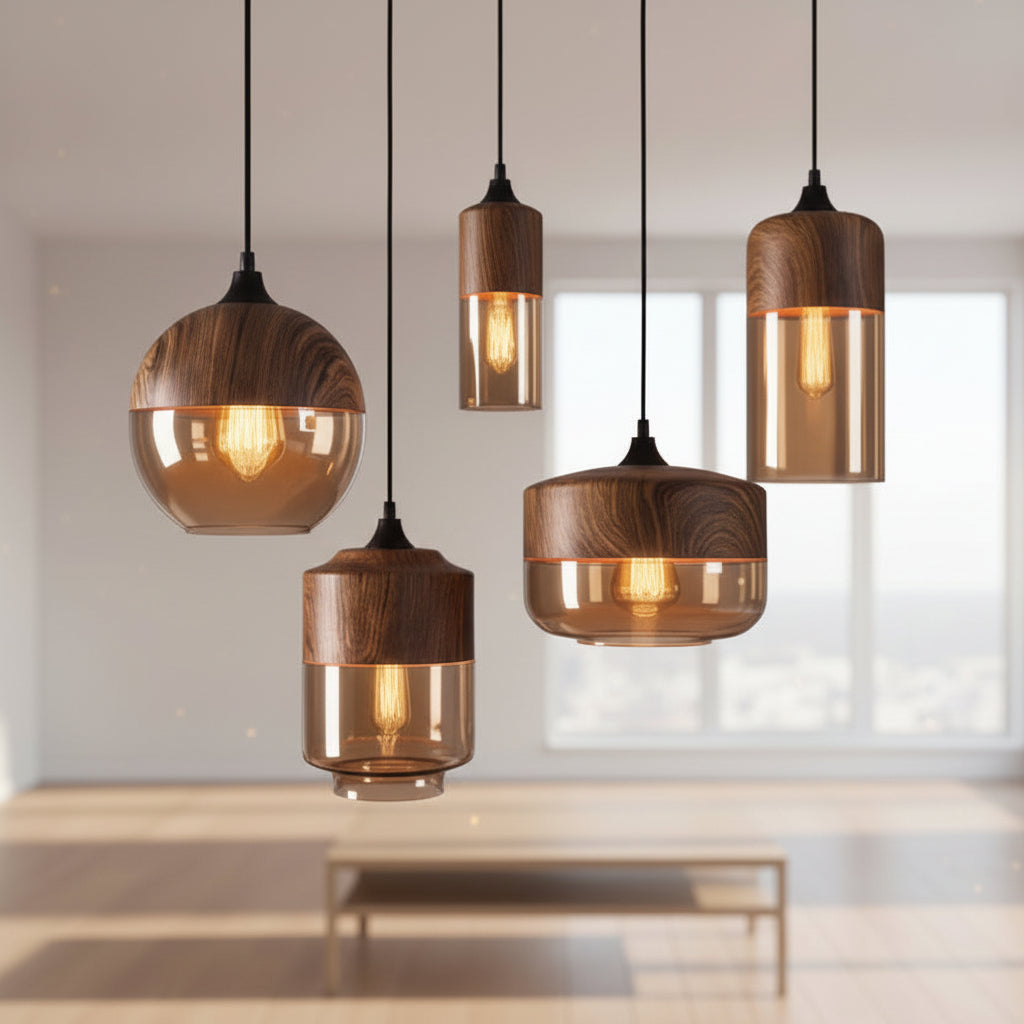 Nordic | Glass Pendant Light with Wooden Accents | Modern Illumination for Any Room 2