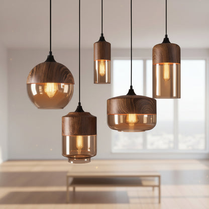 Nordic | Glass Pendant Light with Wooden Accents | Modern Illumination for Any Room 2