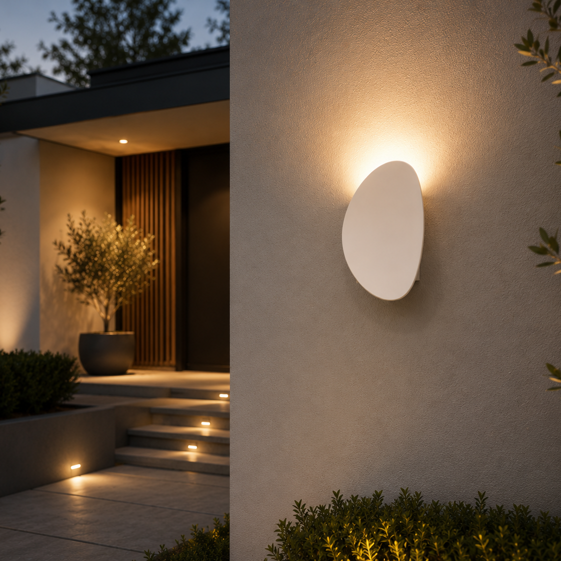 Modern outdoor wall light fixture on a house exterior at night.