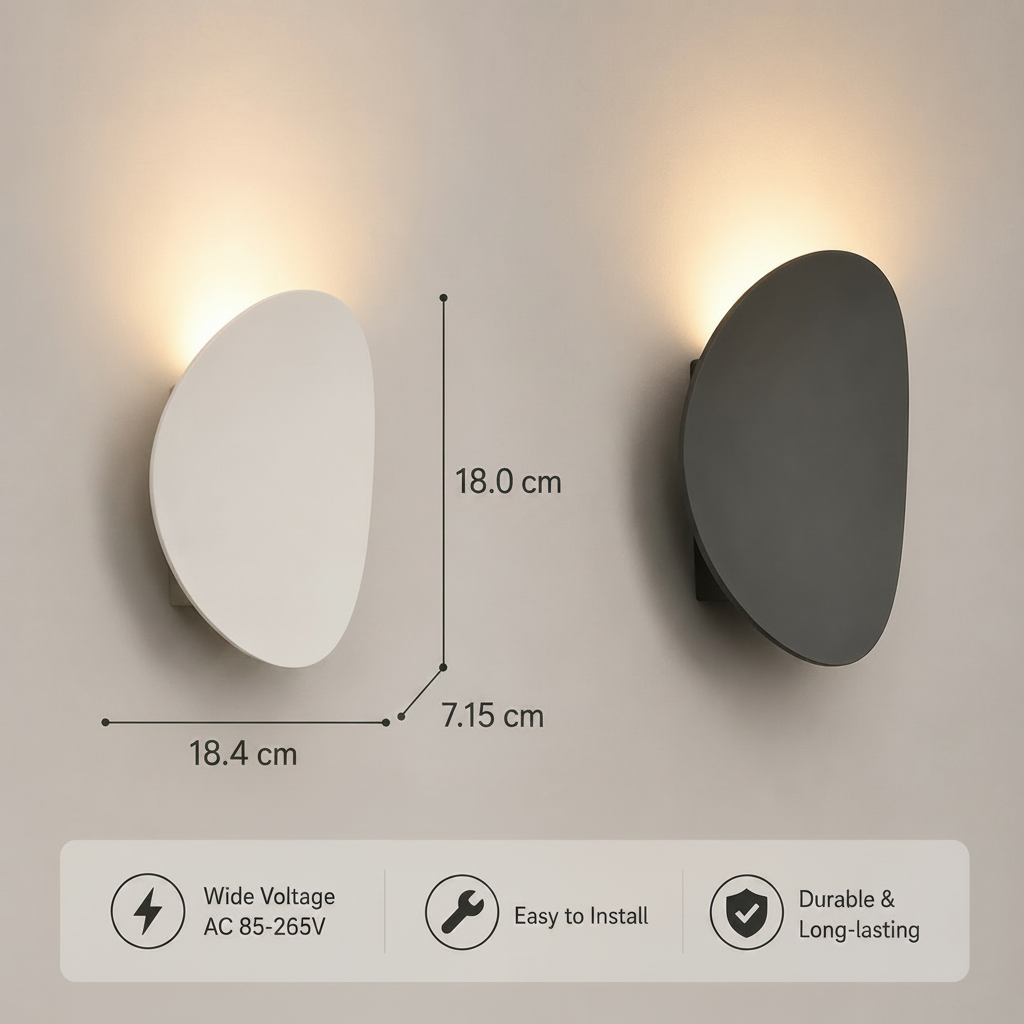 Two wall lights, one white and one black, on a neutral background with compatibility and feature text.
