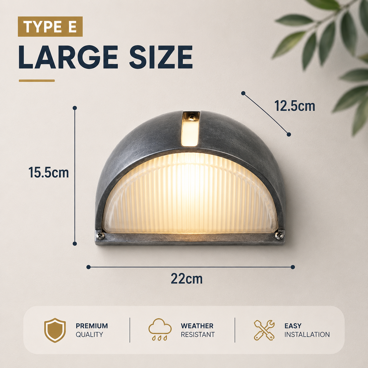 Wall-mounted light fixture with dimensions and features on a neutral background