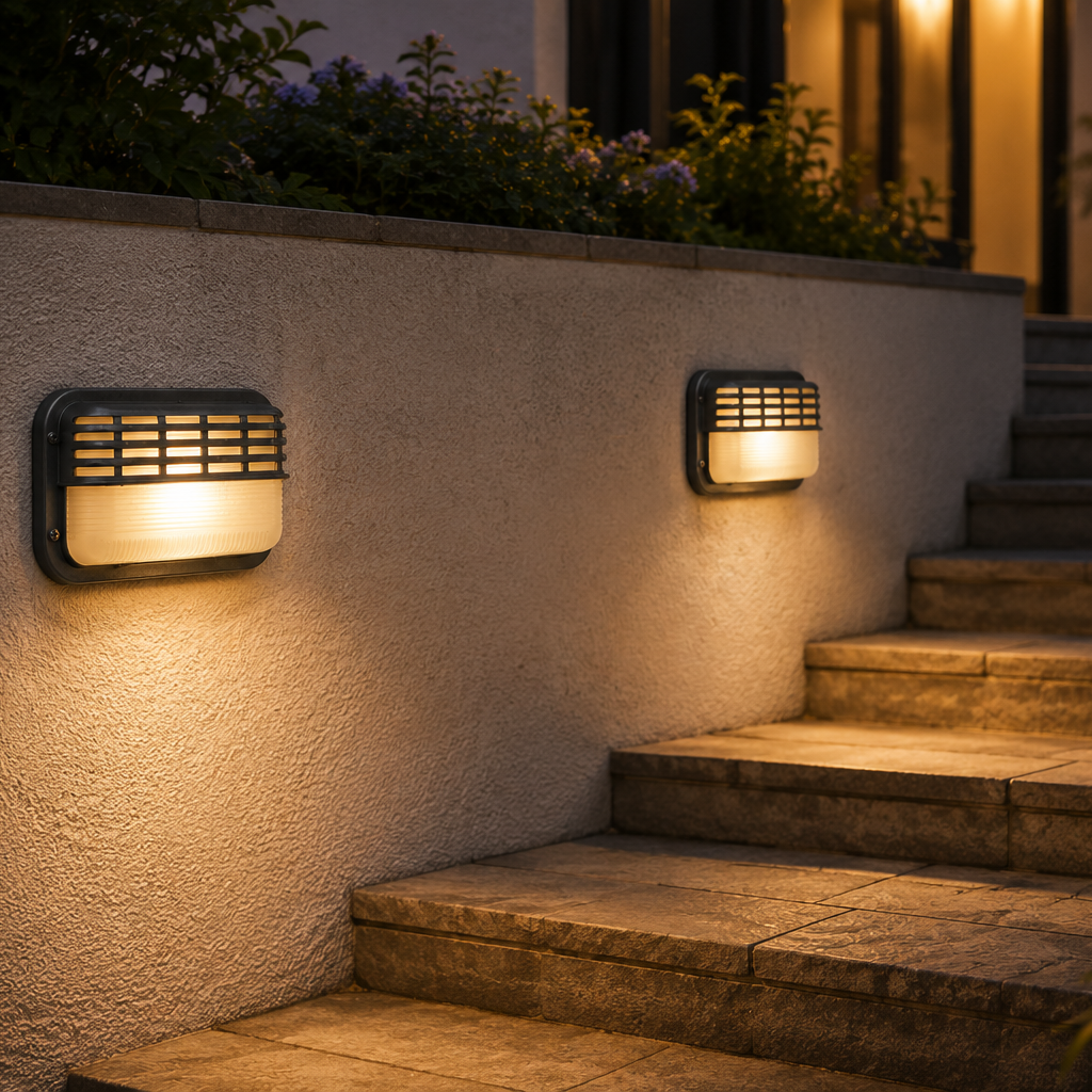 Two outdoor wall lights illuminating a set of steps at night.