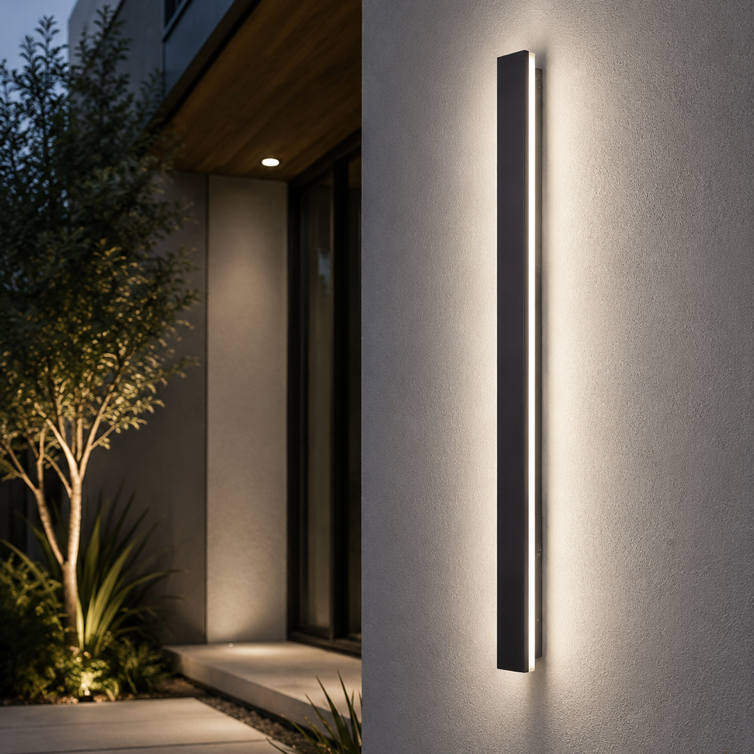 Modern outdoor wall light fixture on a house exterior