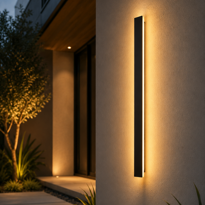 Modern outdoor wall light fixture on a house exterior at night.
