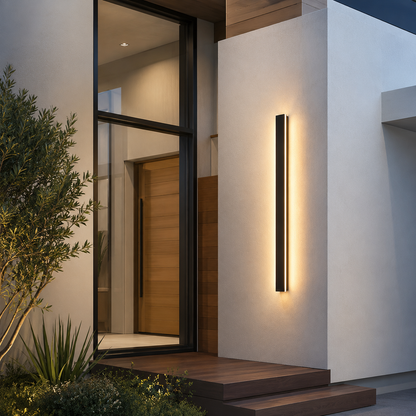 Modern house exterior with a large glass door and wall-mounted ligh t  LED Wall Light | Adjustable Color Temperature Wall Lights with Waterproof Design | Versatile Illumination for Indoor and Outdoor Use 1fixture.