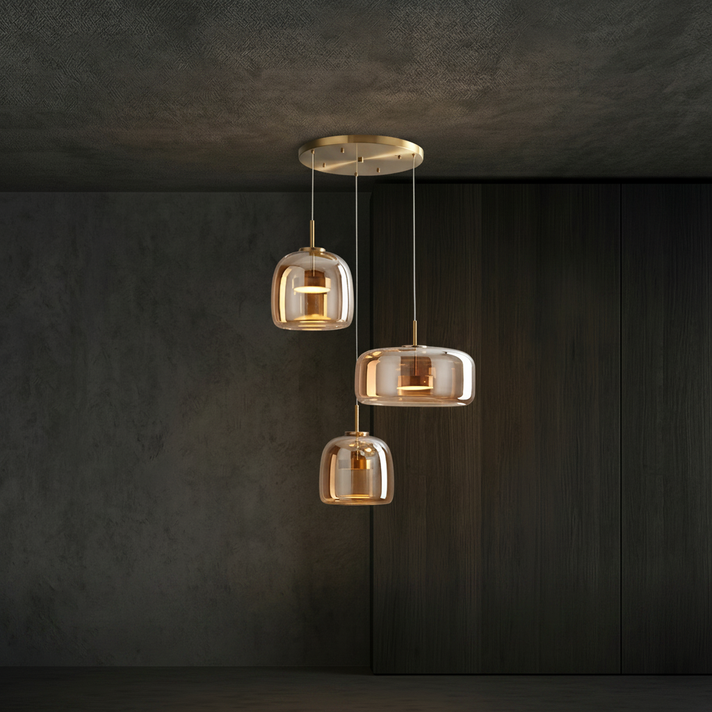 Pendant light with dimensions and specifications on a dark background