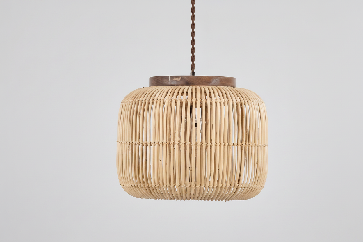 Woven pendant light with dimensions on a light gray background