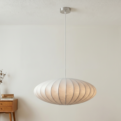 Pendant light with dimensions and technical specifications on a neutral background