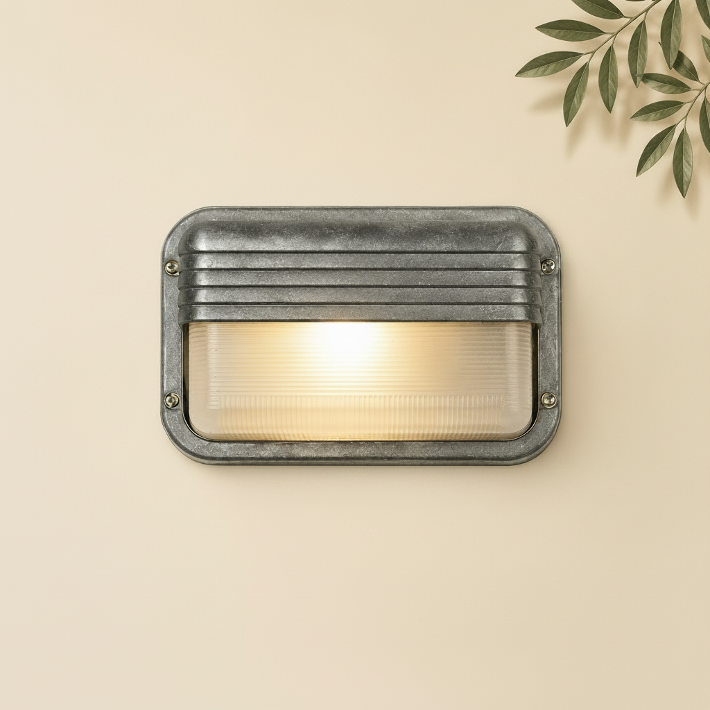 Wall-mounted light fixture with dimensions and features on a beige background